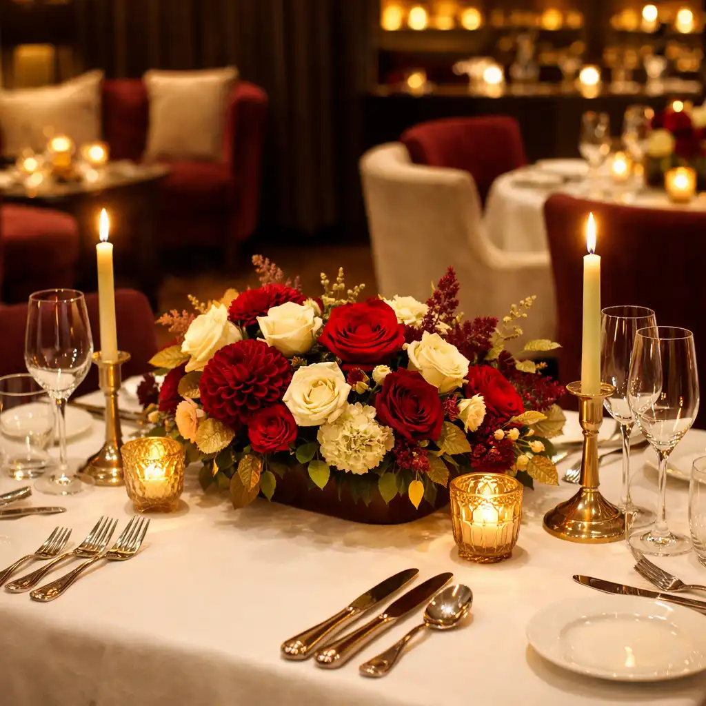 Table élégante dressée pour un événement privé avec bougies et centre floral