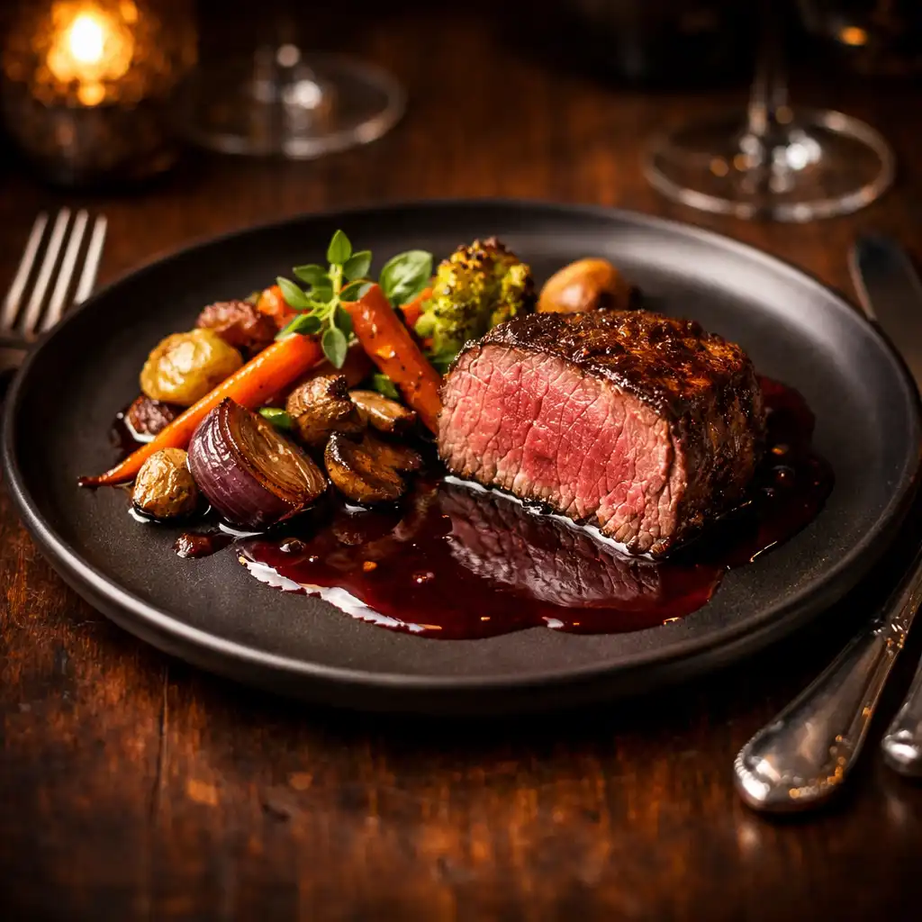 Filet de bœuf sauce au vin rouge avec légumes de saison