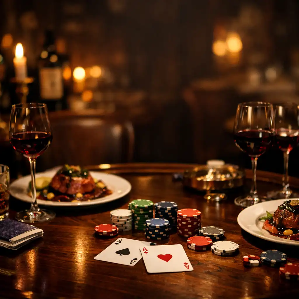 Table de poker élégante entourée de plats gastronomiques français dans un bistro parisien chaleureux
