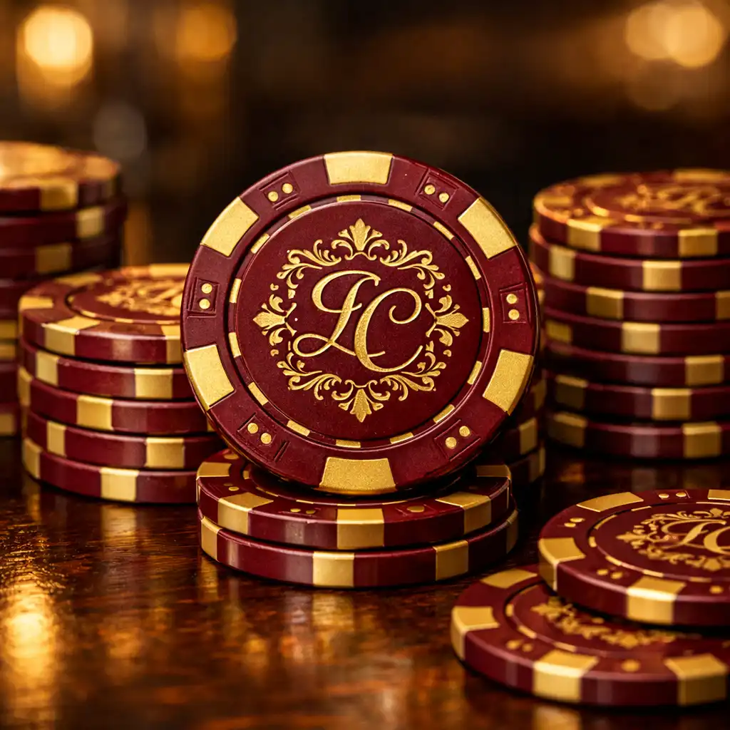 Jetons de poker empilés avec design personnalisé doré sur fond bordeaux