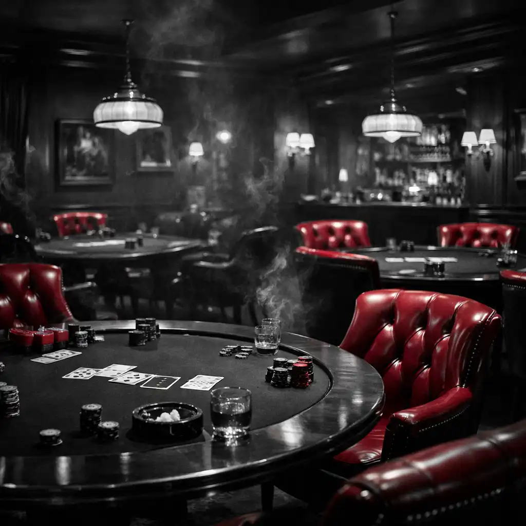 Vue d'un lounge de poker élégant avec des tables en noyer, des fauteuils en cuir bordeaux et un éclairage tamisé