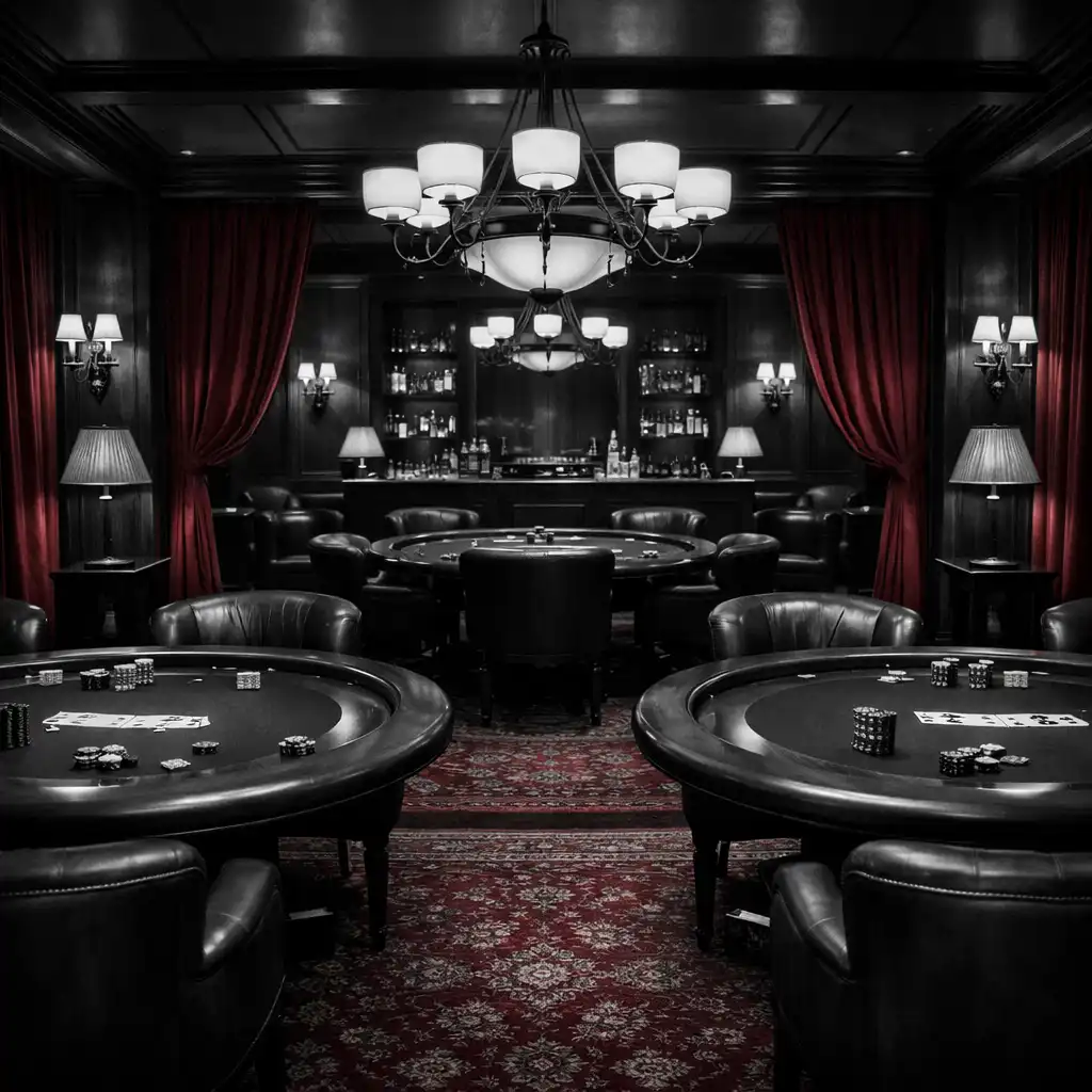Lounge de poker privé avec tables en noyer, fauteuils en cuir et éclairage tamisé