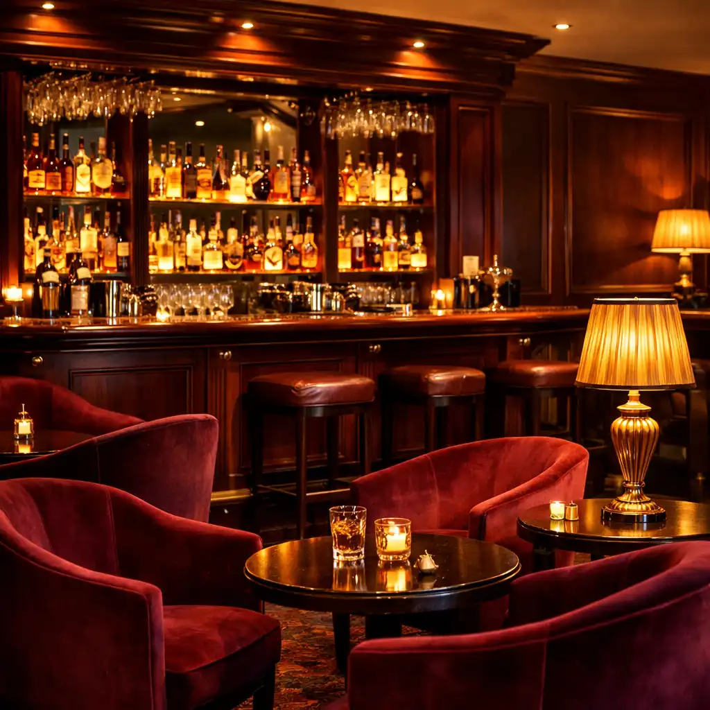 Lounge élégant avec bar en acajou et fauteuils en velours bordeaux