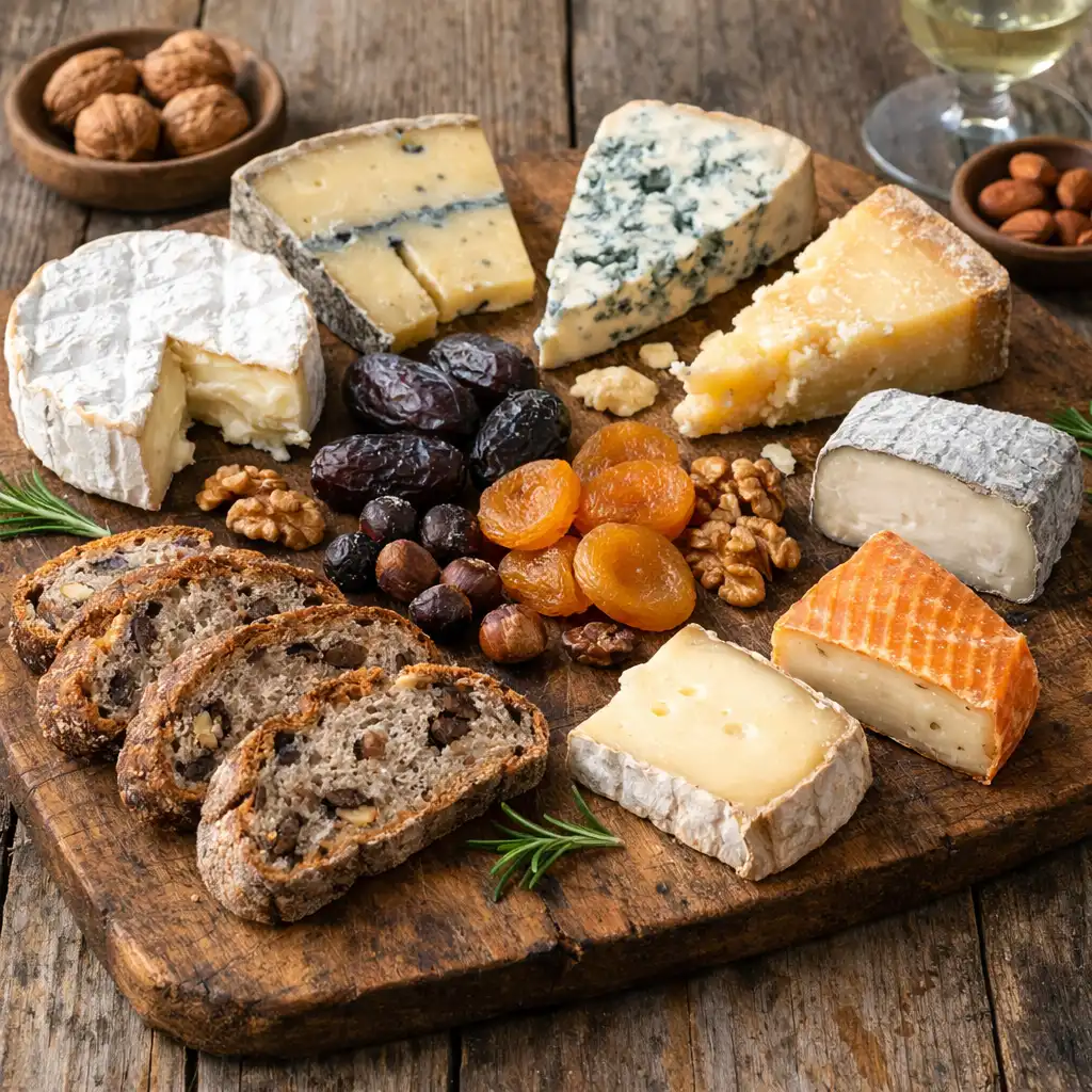 Plateau de fromages français affinés avec fruits secs et pain aux noix