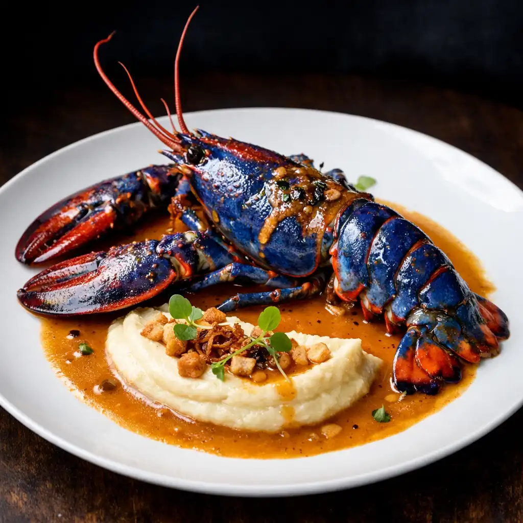 Homard bleu rôti avec purée de céleri-rave et bisque