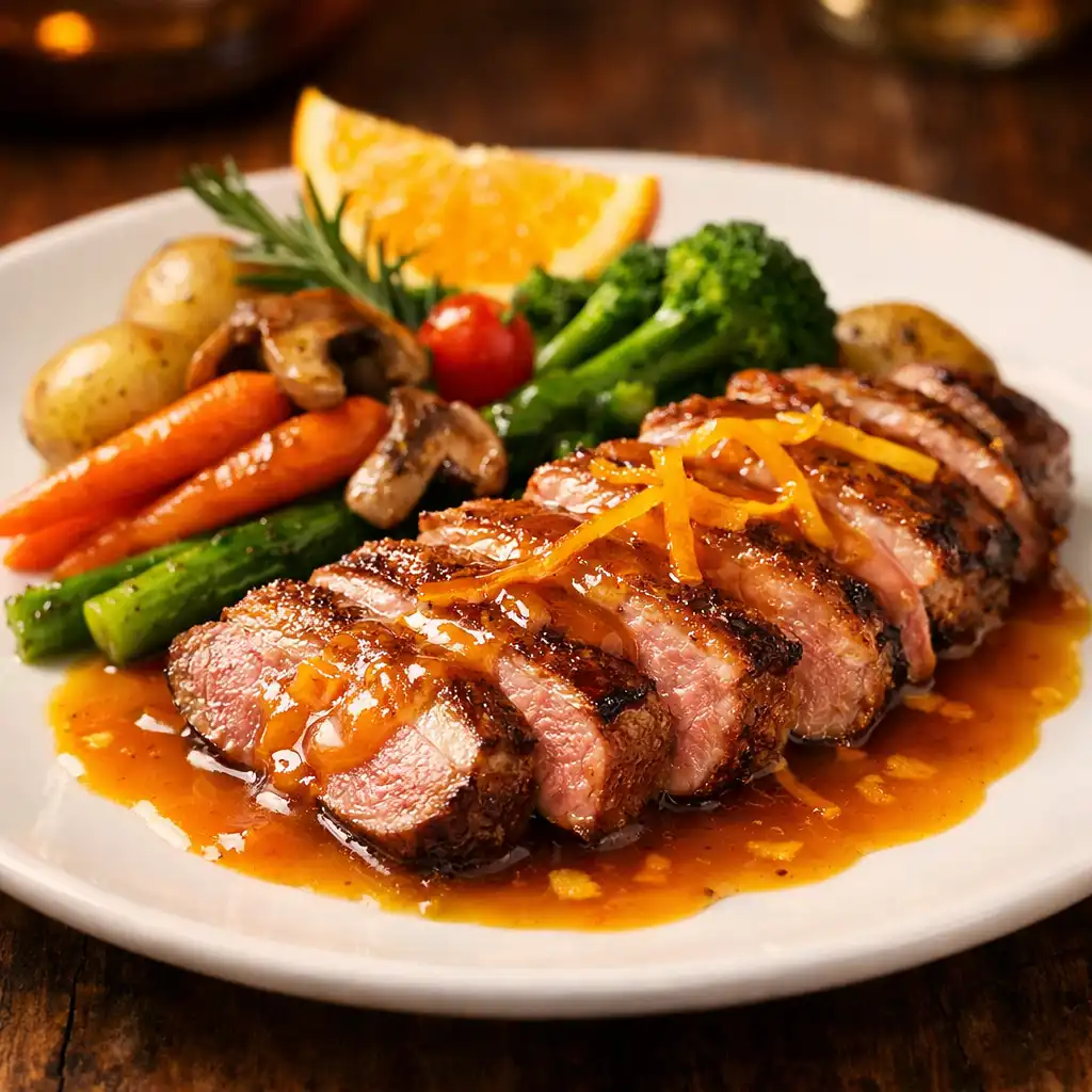 Magret de canard rôti à l'orange avec légumes de saison