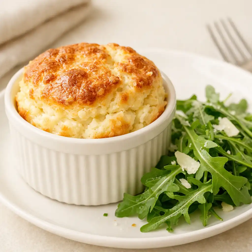 Soufflé au fromage de chèvre avec salade de roquette