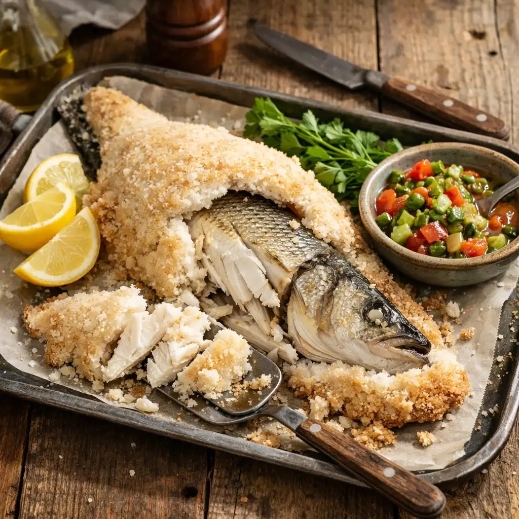 Bar entier en croûte de sel avec sauce vierge