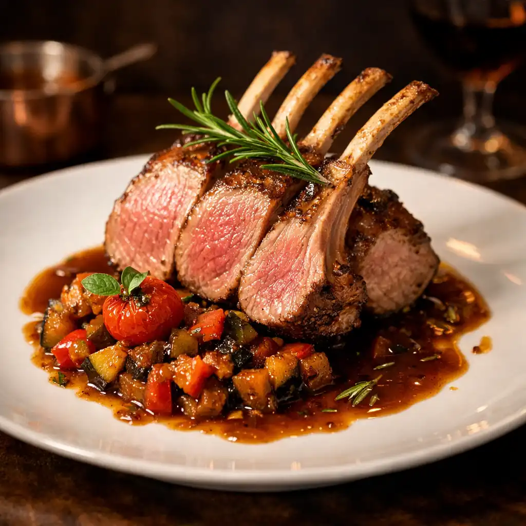 Carré d'agneau de lait rôti avec ratatouille confite