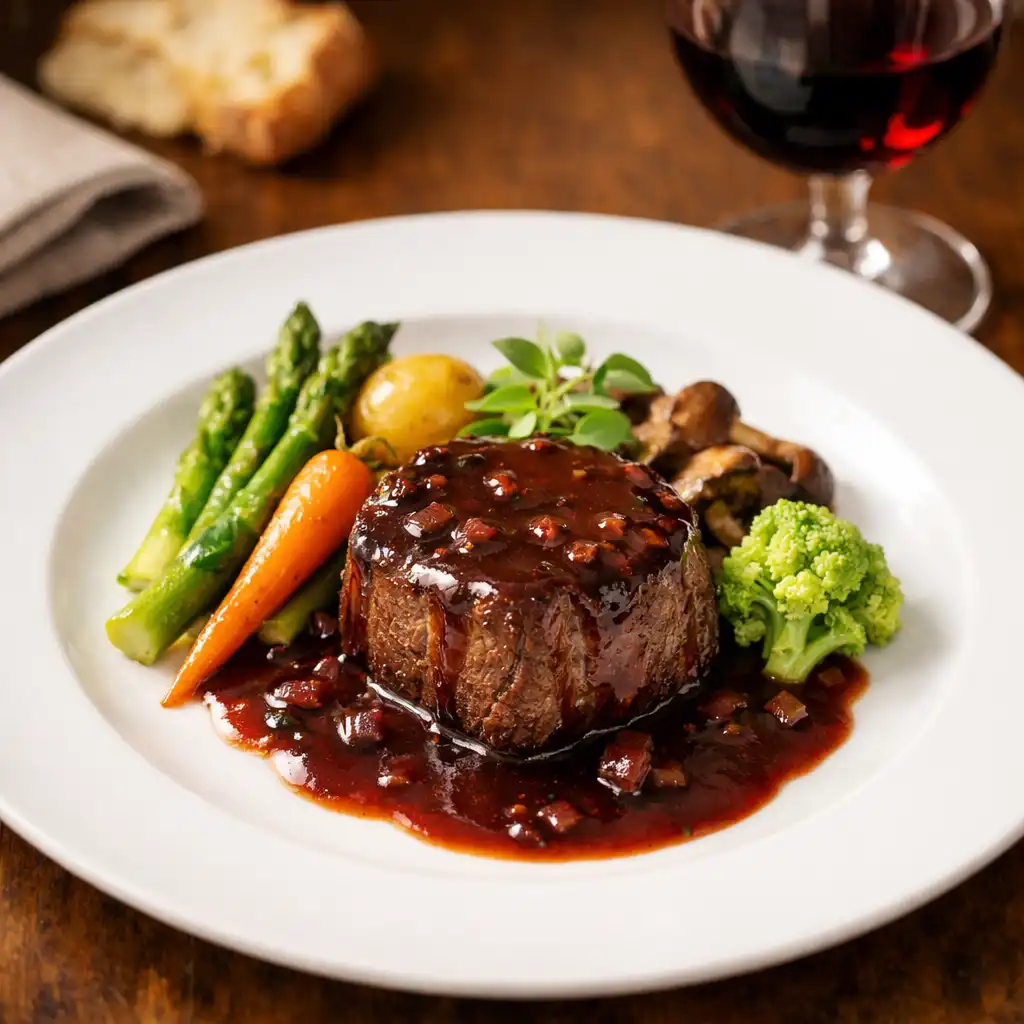 Filet de bœuf sauce bordelaise accompagné de légumes de saison
