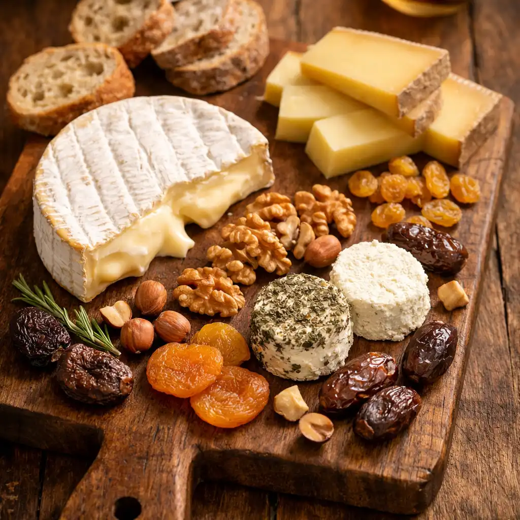 Plateau de fromages français affinés avec noix et confitures