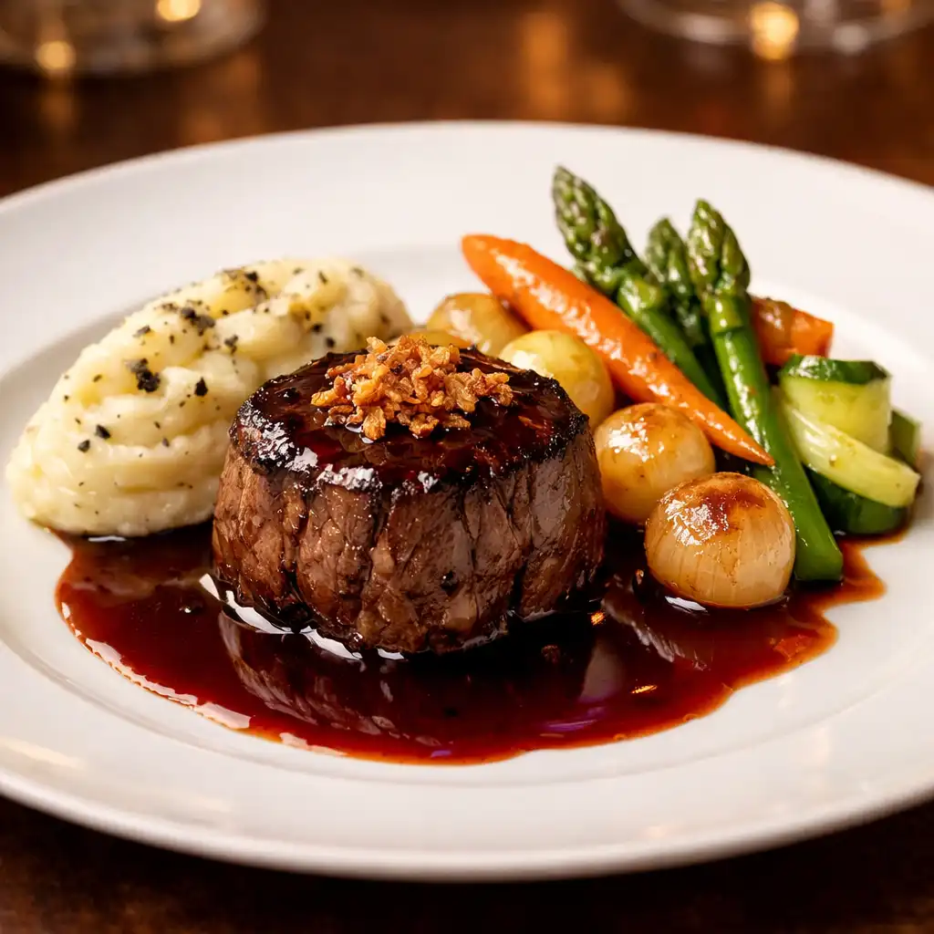 Filet de bœuf sauce au vin rouge avec purée truffée