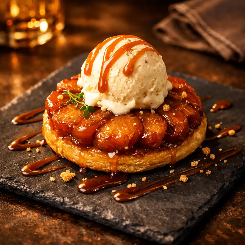 Tarte Tatin revisitée avec glace vanille et caramel