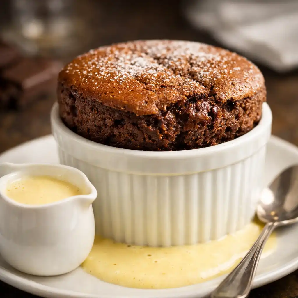 Soufflé au chocolat noir servi tiède avec une crème anglaise