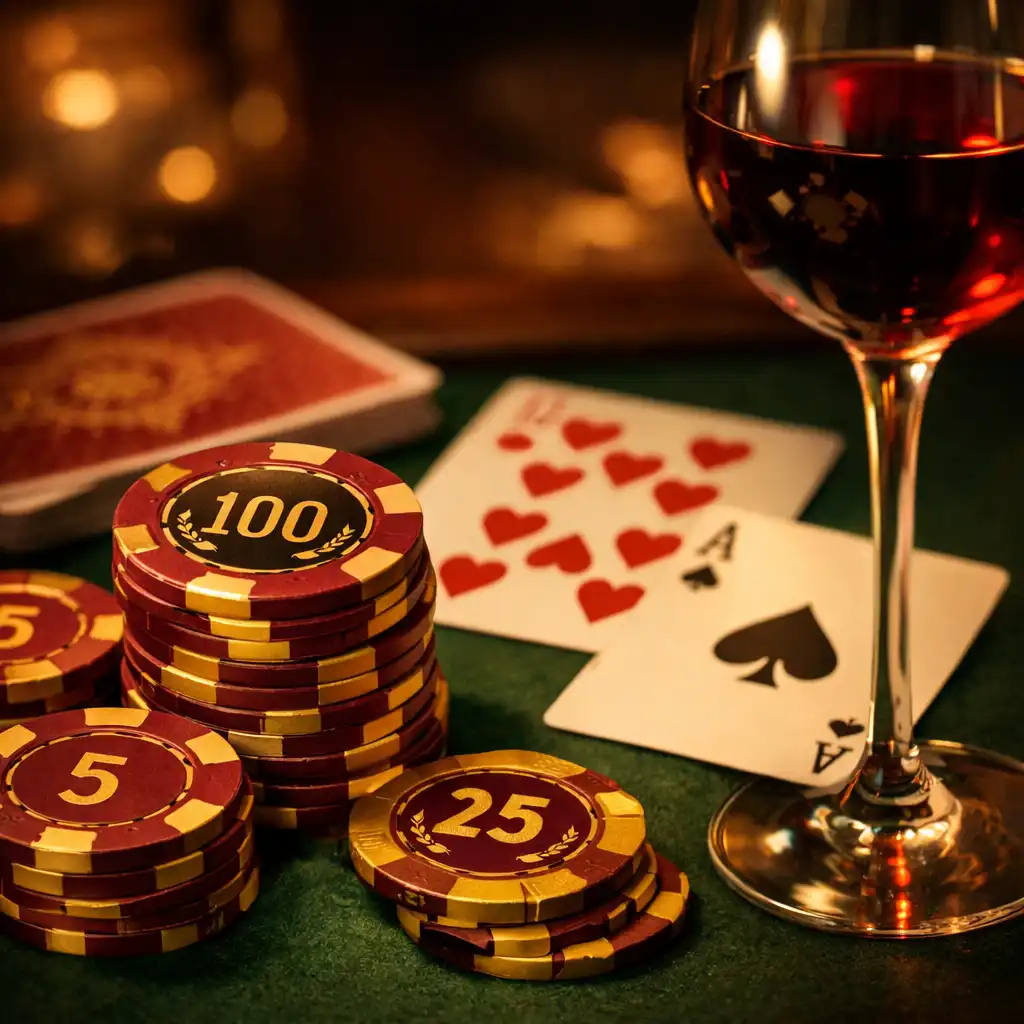 Gros plan sur une table de poker avec jetons en céramique bordeaux et or, cartes à jouer et verre de vin rouge