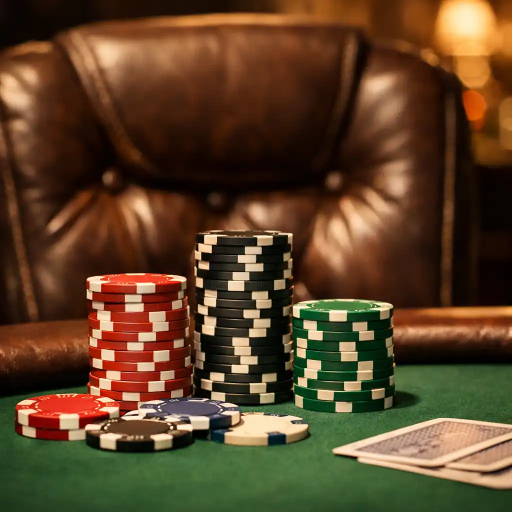 Détail d'une salle de poker : fauteuil en cuir, tapis de table vert et jetons empilés