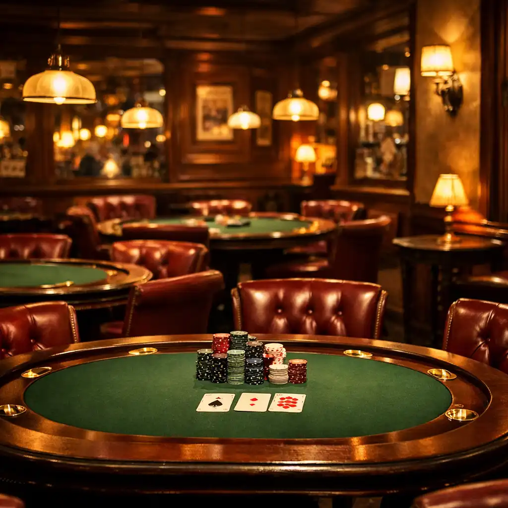 Vue d'ensemble de la salle de poker élégante avec tables en bois sombre et fauteuils en cuir bordeaux