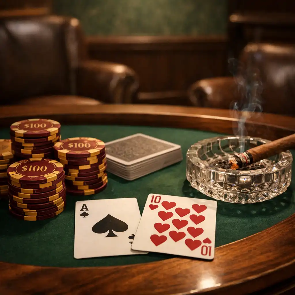 Salle de cartes élégante avec tables de poker en bois sombre et chaises en cuir