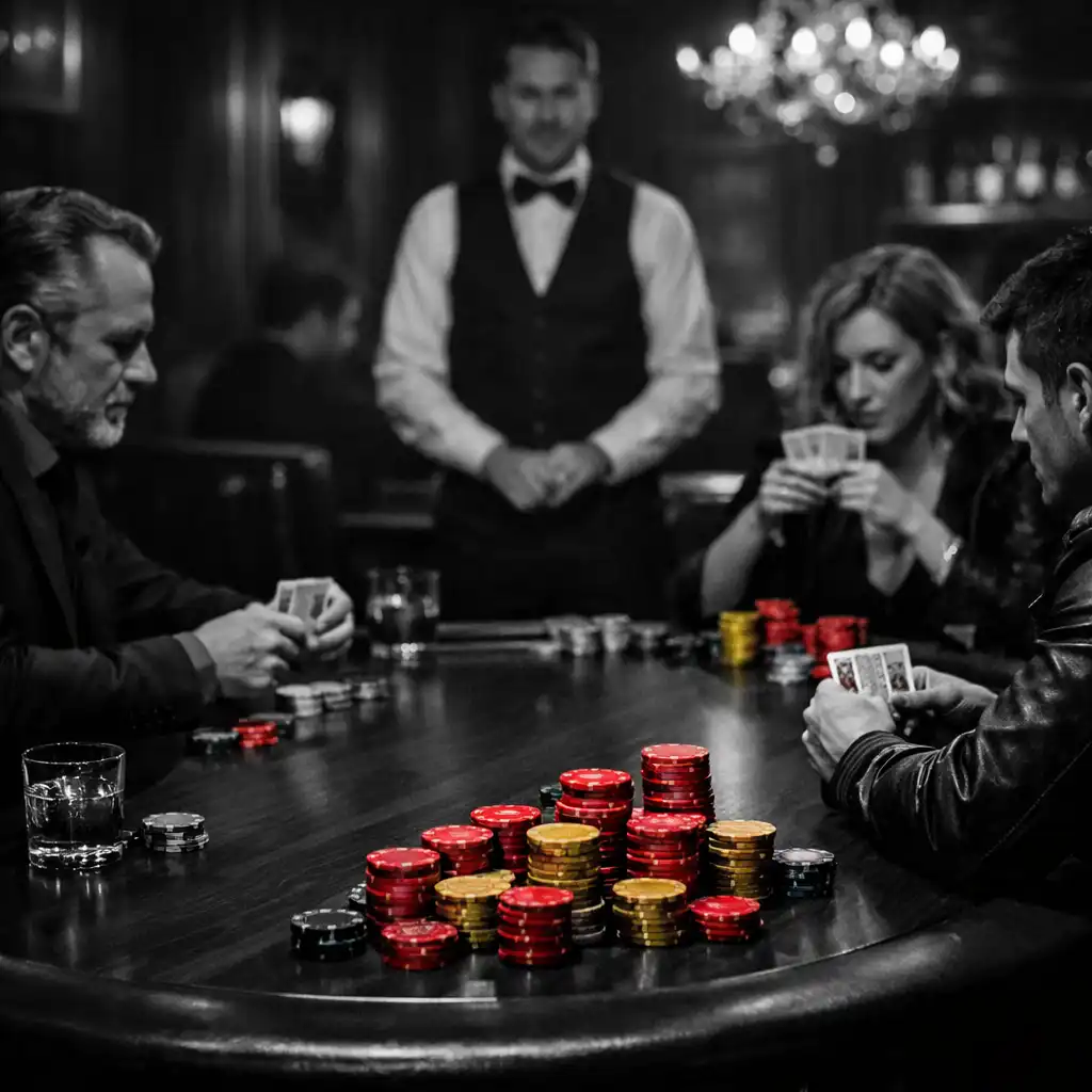 Soirée poker en noir et blanc avec jetons bordeaux autour d'une table en noyer