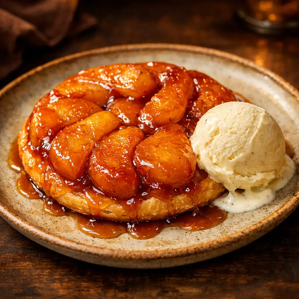 Tarte tatin aux pommes caramélisées avec glace à la vanille